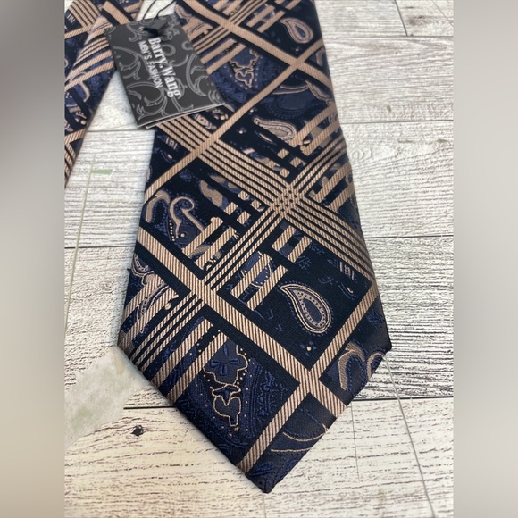 Barry Wang Silk Tie Blue And Gold New With Tags - Picture 3 of 10